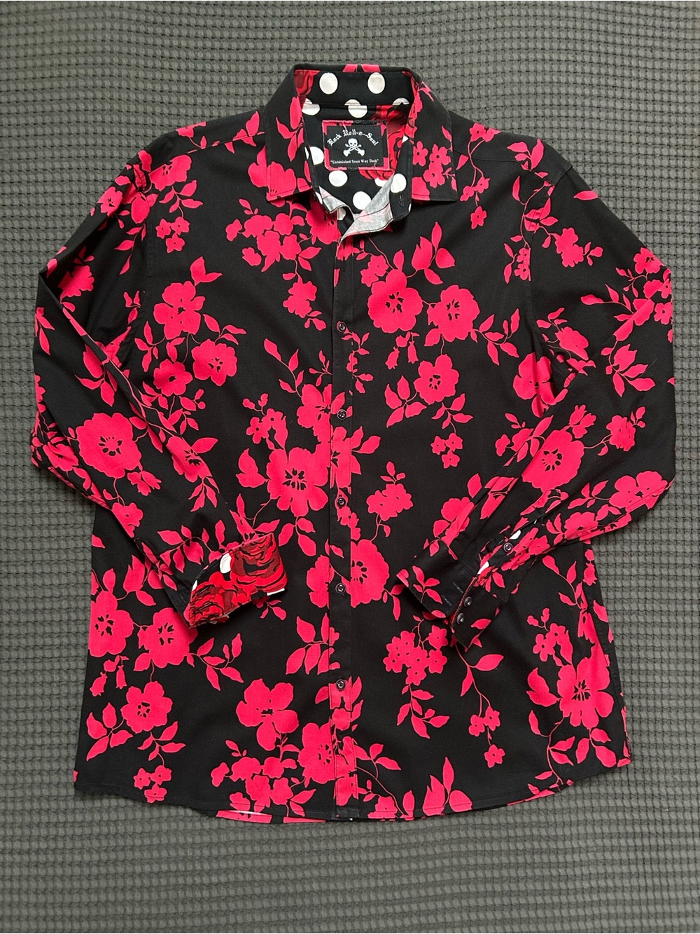 Rock Roll N Soul Black & Red Floral Polka Dot Men's Shirt Large - Picture 2 of 8